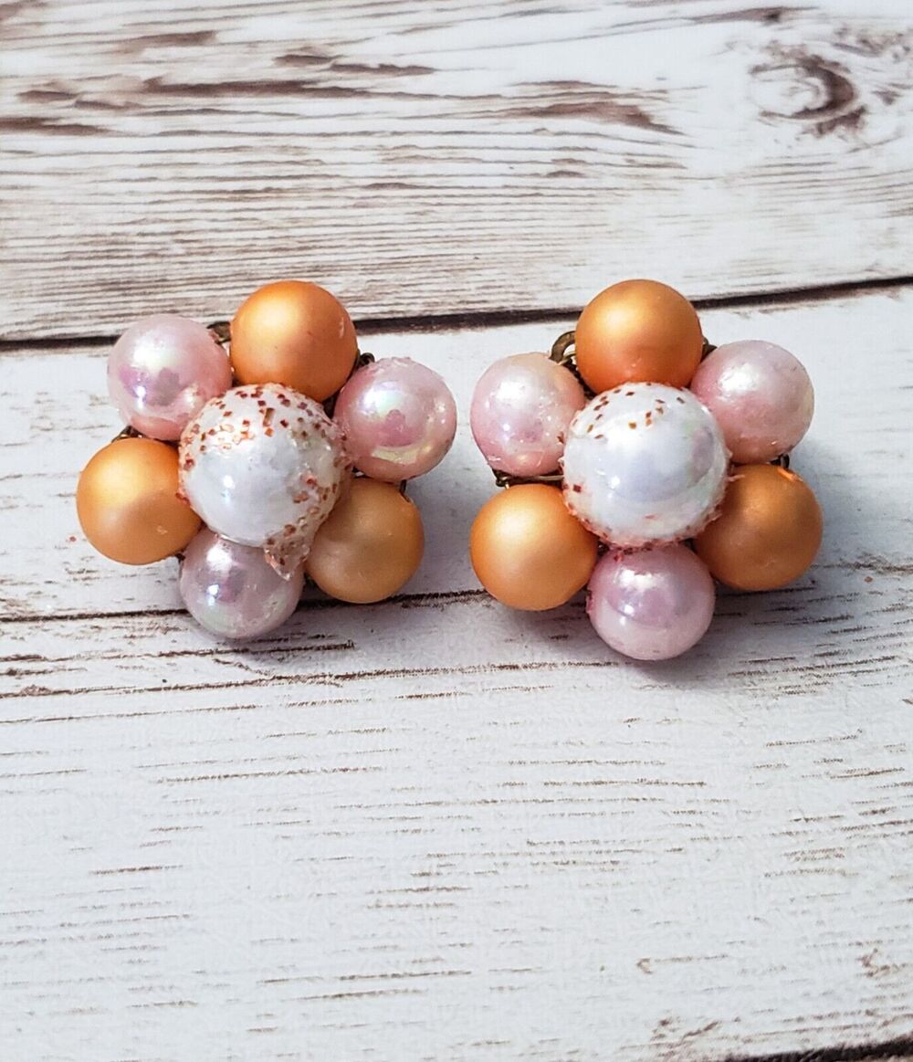 Vintage Clip On Earrings - Orange, Light Pink, White Cluster